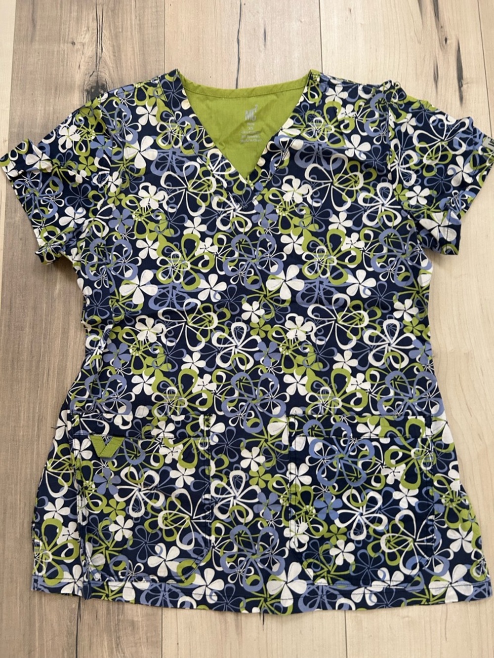Floral V-Neck Scrub Top in Navy, Lime & White